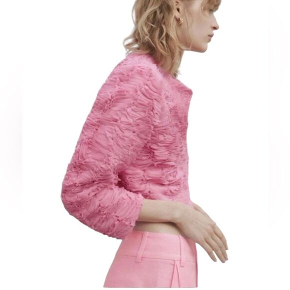 NWT Massimo Dutti Pink Textured Blazer Crop Jacket Sz Small RARE - Picture 2 of 11